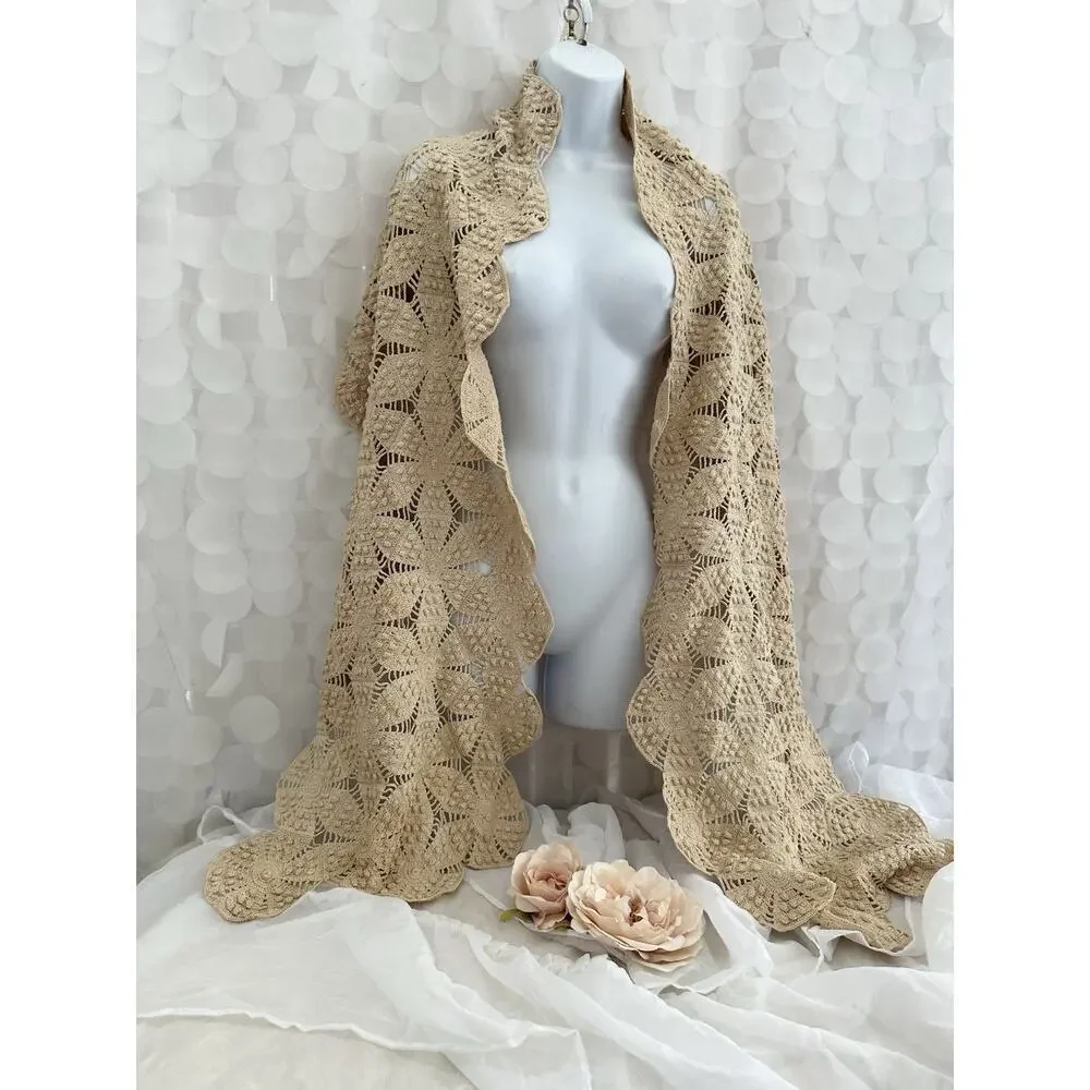 Vintage 60S Beige 100% Cotton HAND CROCHET LACE Pashima Wrap Bride Boho